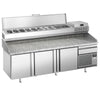Stół chłodniczy do pizzy Premium PLUS – 2305 x 800 mm – z 3 drzwiami i 1 szufladą – wraz z witryną chłodniczą – 10 pojemników GN 1/3