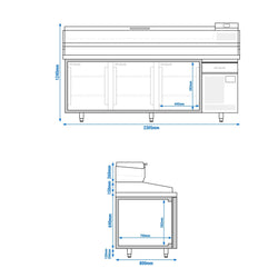 Stół chłodniczy do pizzy PREMIUM PLUS - 2305x800mm - z 3 drzwiami - włącznie z witryną chłodniczą nadstawną - 10x GN 1/3