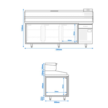 Stół chłodniczy do pizzy PREMIUM PLUS - 2305x800mm - z 3 drzwiami - włącznie z witryną chłodniczą nadstawną - 11x GN 1/4 - Prime Gastro