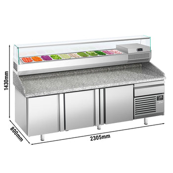 Stół chłodniczy do pizzy PREMIUM PLUS - 2305x800mm - z 3 drzwiami - włącznie z witryną chłodniczą nadstawną - 11x GN 1/4 - Prime Gastro
