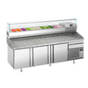 Stół chłodniczy do pizzy Premium PLUS – 2305 x 800 mm – z 3 drzwiami i 1 szufladą – wraz z witryną chłodniczą – 11 pojemników GN 1/4