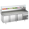 Stół chłodniczy do pizzy Premium PLUS – 2305 x 800 mm – z 3 drzwiami i 1 szufladą – wraz z witryną chłodniczą – 11 pojemników GN 1/4