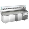 Stół chłodniczy do pizzy Premium PLUS – 2305 x 800 mm – z 3 drzwiami i 1 szufladą – wraz z witryną chłodniczą – 11 pojemników GN 1/4