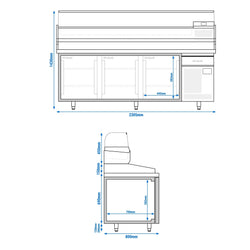 Stół chłodniczy do pizzy PREMIUM PLUS - 2305x800mm - z 3 drzwiami - włącznie z witryną chłodniczą nadstawną - 11x GN 1/4