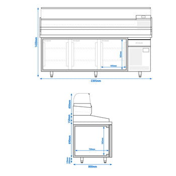 Stół chłodniczy do pizzy PREMIUM PLUS - 2305x800mm - z 3 drzwiami - włącznie z witryną chłodniczą nadstawną - 10x GN 1/3 - Prime Gastro