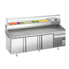 Stół chłodniczy do pizzy Premium PLUS – 2305 x 800 mm – z 3 drzwiami i 1 szufladą – wraz z witryną chłodniczą – 10 pojemników GN 1/3