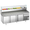 Stół chłodniczy do pizzy Premium PLUS – 2305 x 800 mm – z 3 drzwiami i 1 szufladą – wraz z witryną chłodniczą – 10 pojemników GN 1/3