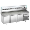 Stół chłodniczy do pizzy Premium PLUS – 2305 x 800 mm – z 3 drzwiami i 1 szufladą – wraz z witryną chłodniczą – 10 pojemników GN 1/3