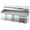 Stół chłodniczy do pizzy Premium PLUS – 2305 x 800 mm – z 3 drzwiami i 1 szufladą – wraz z witryną chłodniczą – 10 pojemników GN 1/3