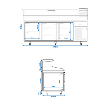 Stół chłodniczy do pizzy Premium PLUS - 2305x800mm - z 2 drzwiami & 2 szufladami - włącznie z witryną chłodniczą nadstawną - 10x GN 1/3 - Prime Gastro