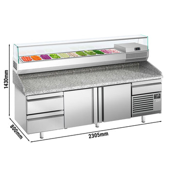 Stół chłodniczy do pizzy PREMIUM PLUS - 2305x800mm - z 2 drzwiami & 2 szufladami - włącznie z witryną chłodniczą nadstawną - 11x GN 1/4 - Prime Gastro