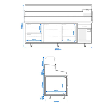 Stół chłodniczy do pizzy PREMIUM PLUS - 2305x800mm - z 2 drzwiami & 2 szufladami - włącznie z witryną chłodniczą nadstawną - 11x GN 1/4 - Prime Gastro