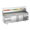 Stół chłodniczy do pizzy Premium PLUS – 2305 x 800 mm – z 2 drzwiami i 3 szufladami – z witryną nadstawną chłodniczą na 10x GN 1/3 z nadstawką szklaną