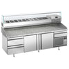 Stół chłodniczy do pizzy Premium PLUS – 2305 x 800 mm – z 2 drzwiami i 3 szufladami – z witryną nadstawną chłodniczą na 10x GN 1/3 z nadstawką szklaną