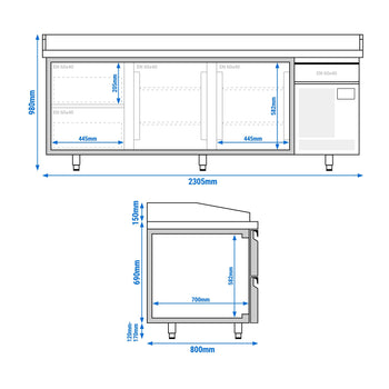 Stół chłodniczy do pizzy PREMIUM PLUS - 2305x800 mm - z 2 drzwiami & 2 szufladami - Prime Gastro