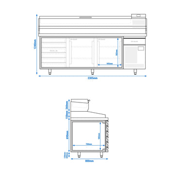Stół chłodniczy do pizzy PREMIUM PLUS - 2305x800mm - z 2 drzwiami & 6 szufladami - włącznie z witryną chłodniczą nadstawną - 11x GN 1/4 - Prime Gastro