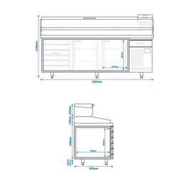 Stół chłodniczy do pizzy PREMIUM PLUS - 2305x800mm - z 2 drzwiami & 6 szufladami - włącznie z witryną chłodniczą nadstawną - 10x GN 1/3