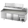 Stół chłodniczy do pizzy Premium PLUS – 2305 x 800 mm – z 2 drzwiami i 7 szufladami – z witryną nadstawną chłodniczą na 10x GN 1/3 z pokrywą ze stali nierdzewnej