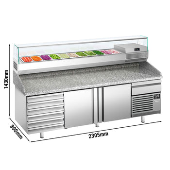 Stół chłodniczy do pizzy PREMIUM PLUS - 2305x800mm - z 2 drzwiami & 6 szufladami - włącznie z witryną chłodniczą nadstawną - 11x GN 1/4 - Prime Gastro