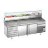 Stół chłodniczy do pizzy Premium PLUS – 2305 x 800 mm – z 2 drzwiami i 7 szufladami – z witryną nadstawną chłodniczą na 11x GN 1/4 z nadstawką szklaną