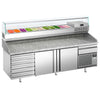 Stół chłodniczy do pizzy Premium PLUS – 2305 x 800 mm – z 2 drzwiami i 7 szufladami – z witryną nadstawną chłodniczą na 11x GN 1/4 z nadstawką szklaną