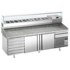Stół chłodniczy do pizzy Premium PLUS – 2305 x 800 mm – z 2 drzwiami i 7 szufladami – z witryną nadstawną chłodniczą na 11x GN 1/4 z nadstawką szklaną