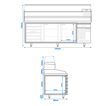 Stół chłodniczy do pizzy PREMIUM PLUS - 2305x800mm - z 2 drzwiami & 6 szufladami - włącznie z witryną chłodniczą nadstawną - 11x GN 1/4 - Prime Gastro