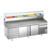 Stół chłodniczy do pizzy Premium PLUS – 2305 x 800 mm – z 2 drzwiami i 7 szufladami – z witryną nadstawną chłodniczą na 10x GN 1/3 z nadstawką szklaną
