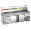 Stół chłodniczy do pizzy Premium PLUS – 2305 x 800 mm – z 2 drzwiami i 7 szufladami – z witryną nadstawną chłodniczą na 10x GN 1/3 z nadstawką szklaną