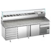 Stół chłodniczy do pizzy Premium PLUS – 2305 x 800 mm – z 2 drzwiami i 7 szufladami – z witryną nadstawną chłodniczą na 10x GN 1/3 z nadstawką szklaną