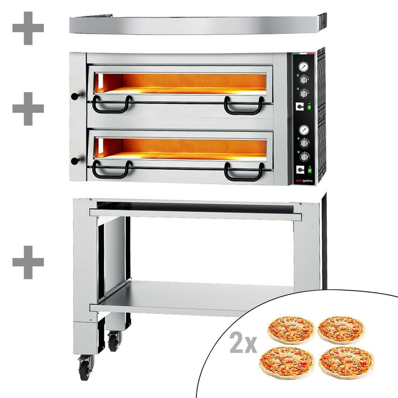 Elektryczny piec do pizzy Power – 4+4 x 34 cm – manualna obsługa – w zestawie z pokrywą i podstawą