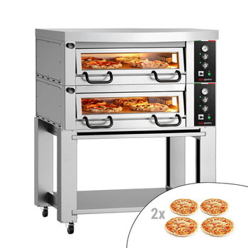 Electric Deck Pizza Oven Power - Twin Deck - Refractory Stone Deck - 4+4 x Ø 34cm (13.4") - 230V 3 Phase - Mechanical Controls - up to 450°C - incl. Hood & Base frame