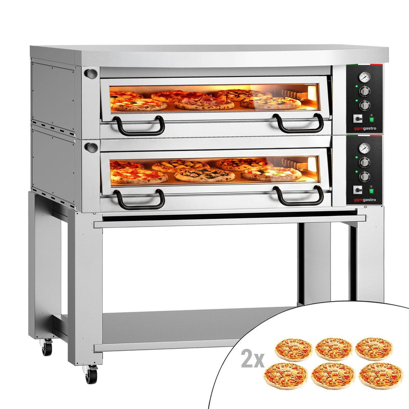 Elektryczny piec do pizzy Power – 6+6 x 34 cm – manualna obsługa – w zestawie z pokrywą i podstawą
