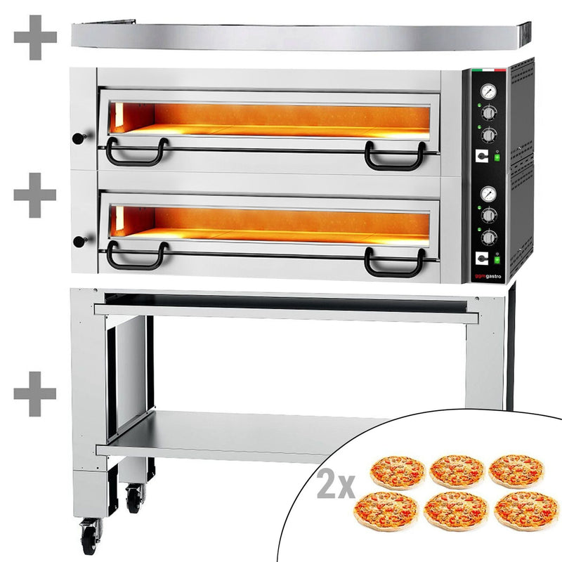 Elektryczny piec do pizzy Power – 6+6 x 34 cm – manualna obsługa – w zestawie z pokrywą i podstawą
