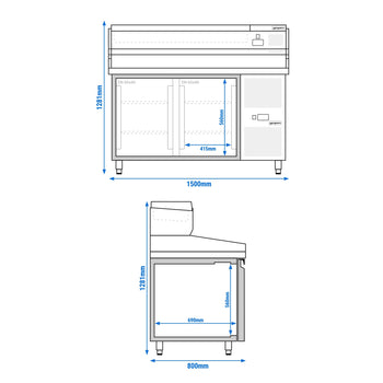 Stół chłodniczy do pizzy PREMIUM - 1500x800mm - z 2 drzwiami - włącznie z witryną chłodniczą nadstawną - 7x GN 1/4 - Prime Gastro