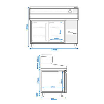 Stół chłodniczy do pizzy PREMIUM - 1500x800mm - z 2 drzwiami - włącznie z witryną chłodniczą nadstawną - 6x GN 1/3 - Prime Gastro