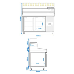 Stół chłodniczy do pizzy PREMIUM - 1500x800mm - z 2 drzwiami - włącznie z witryną chłodniczą nadstawną LED - 5x GN 1/3 + 1x GN 1/2