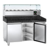 Commercial Pizza Prep Counter - Granite Top PREMIUM - 1500x800mm - with 2 doors - incl. refrigerated topping unit with glass sneeze guard - 6x GN 1/3