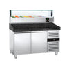 Commercial Pizza Prep Counter - Granite Top PREMIUM - 1500x800mm - with 2 doors - incl. refrigerated topping unit with glass sneeze guard LED - 7x GN 1/4