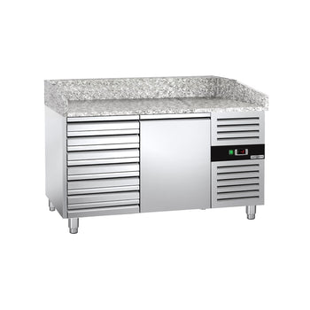 Stół chłodniczy do pizzy ECO - 1500x800mm - z blatem granitowym - 1‑drzwiowy, 7 szuflad