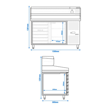 Stół chłodniczy do pizzy PREMIUM - 1500x800mm - z 1 drzwiami i 7 szufladami - włącznie z witryną chłodniczą nadstawną - 7x GN 1/4 - Prime Gastro
