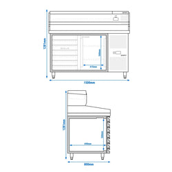 Stół chłodniczy do pizzy PREMIUM - 1500x800mm - z 1 drzwiami i 7 szufladami - włącznie z witryną chłodniczą nadstawną - 6x GN 1/3