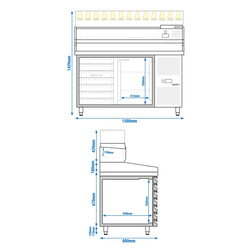 Stół chłodniczy do pizzy PREMIUM - 1500x800mm - z 1 drzwiami i 7 szufladami - włącznie z witryną chłodniczą nadstawną LED - 5x GN 1/3 + 1x GN 1/2