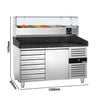 Commercial Pizza Prep Counter - Granite Top PREMIUM - 1500x800mm - with 1 doors & 7 drawers - incl. refrigerated topping unit with glass sneeze guard - 7x GN 1/4