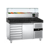 Commercial Pizza Prep Counter - Granite Top PREMIUM - 1500x800mm - with 1 doors & 7 drawers - incl. refrigerated topping unit with glass sneeze guard - 7x GN 1/4