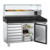 Commercial Pizza Prep Counter - Granite Top PREMIUM - 1500x800mm - with 1 doors & 7 drawers - incl. refrigerated topping unit with glass sneeze guard - 7x GN 1/4