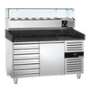 Commercial Pizza Prep Counter - Granite Top PREMIUM - 1500x800mm - with 1 doors & 7 drawers - incl. refrigerated topping unit with glass sneeze guard - 7x GN 1/4