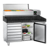 Commercial Pizza Prep Counter - Granite Top PREMIUM - 1500x800mm - with 1 doors & 7 drawers - incl. refrigerated topping unit - 6x GN 1/3