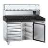 Commercial Pizza Prep Counter - Granite Top PREMIUM - 1500x800mm - with 1 doors & 7 drawers - incl. refrigerated topping unit with glass sneeze guard - 6x GN 1/3