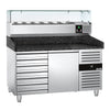 Commercial Pizza Prep Counter - Granite Top PREMIUM - 1500x800mm - with 1 doors & 7 drawers - incl. refrigerated topping unit with glass sneeze guard - 6x GN 1/3